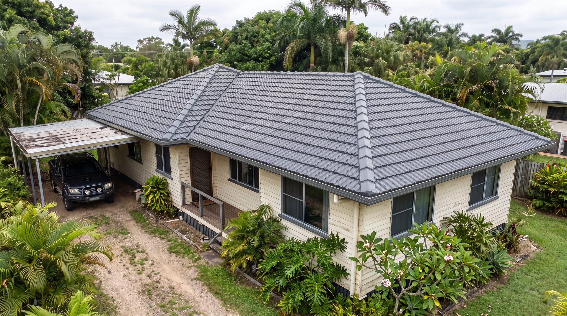 After: concrete tile roof re-coated in charcoal on a Far North Queensland home