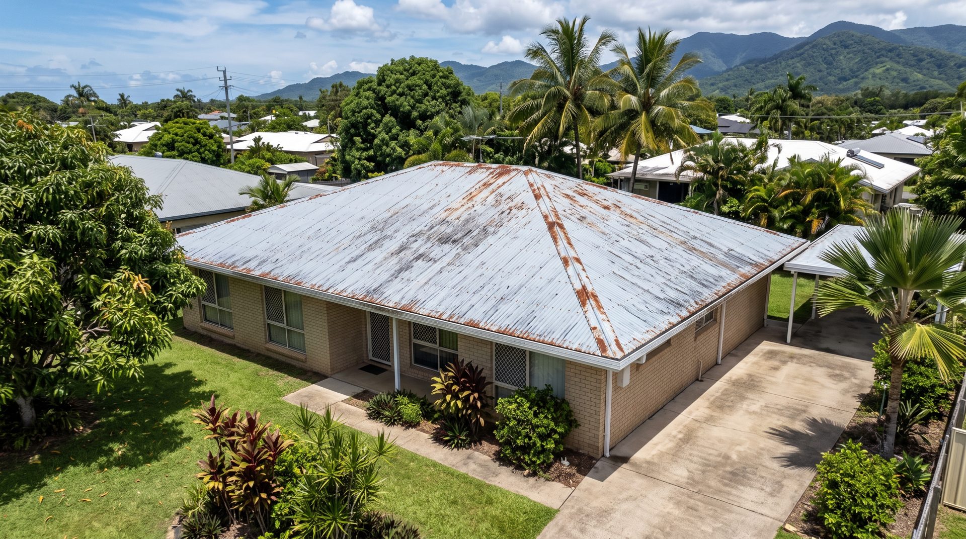 Before: faded, rust-streaked Colorbond roof on a North Queensland home