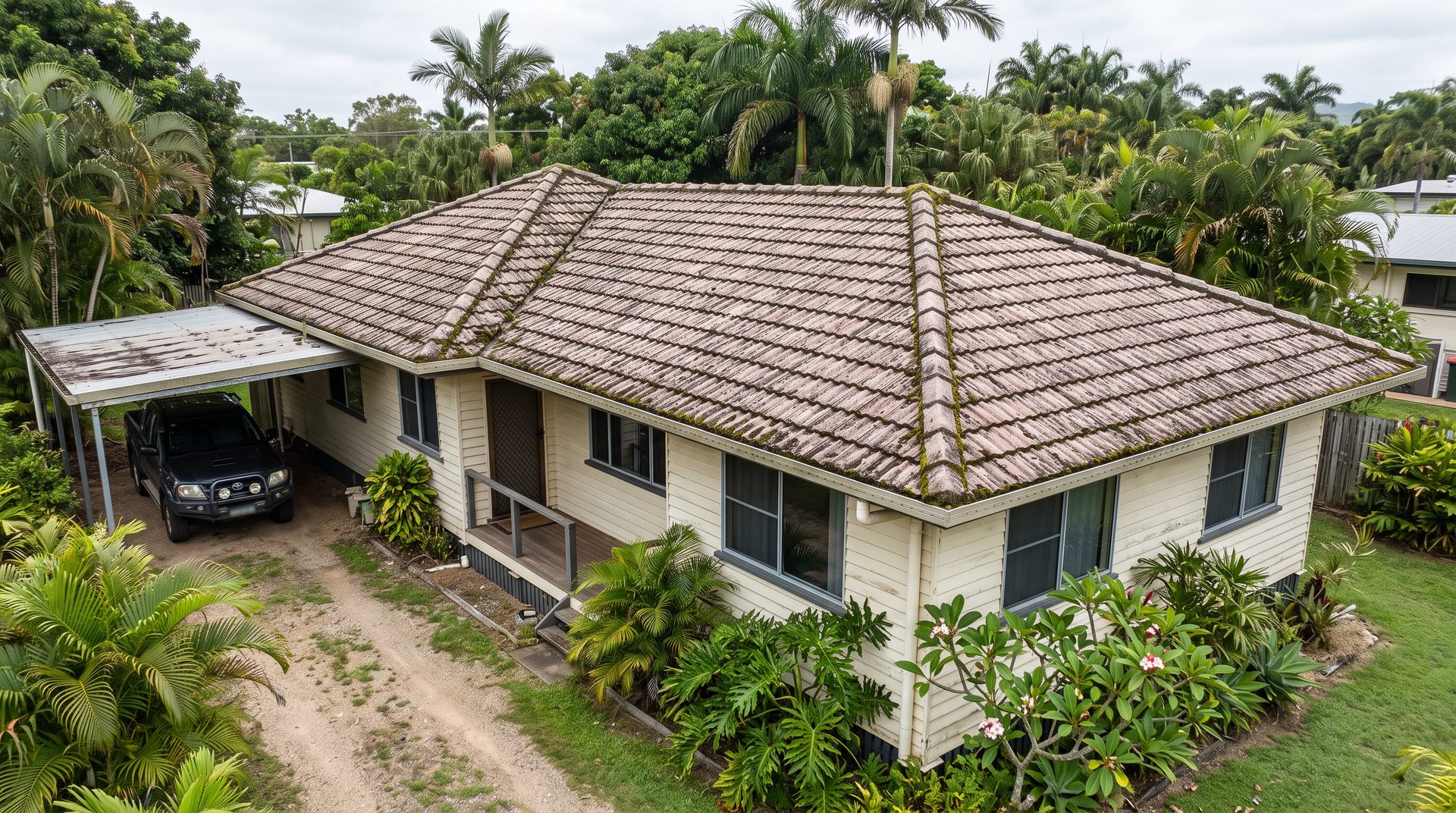 Before: concrete tile roof covered in lichen and moss on a Far North Queensland home