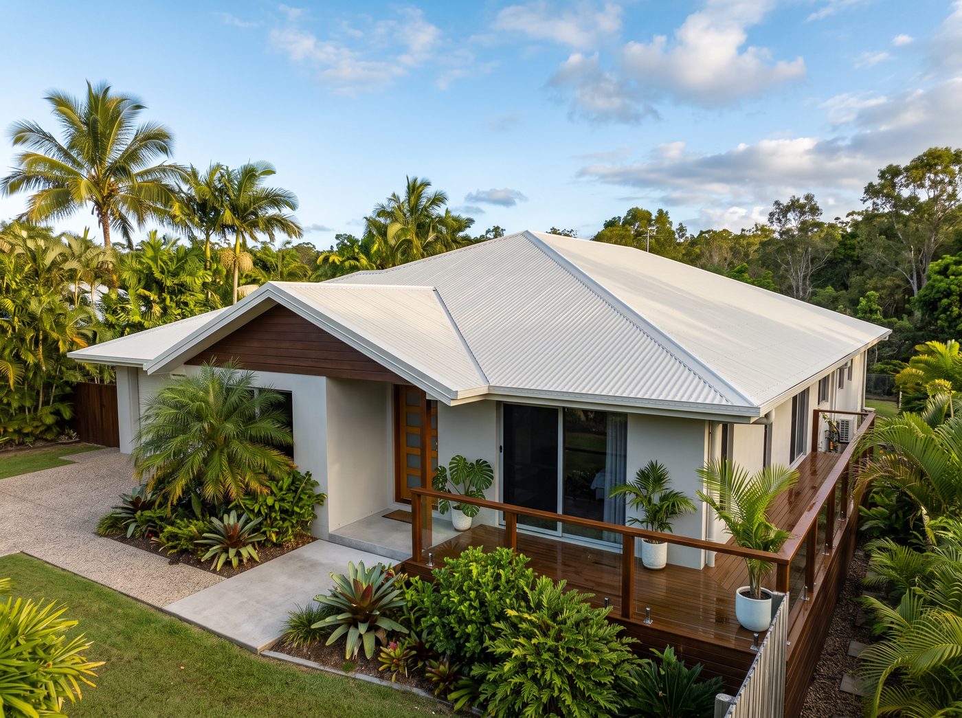 Colorbond roof re-coated in Surfmist on a modern North Queensland home