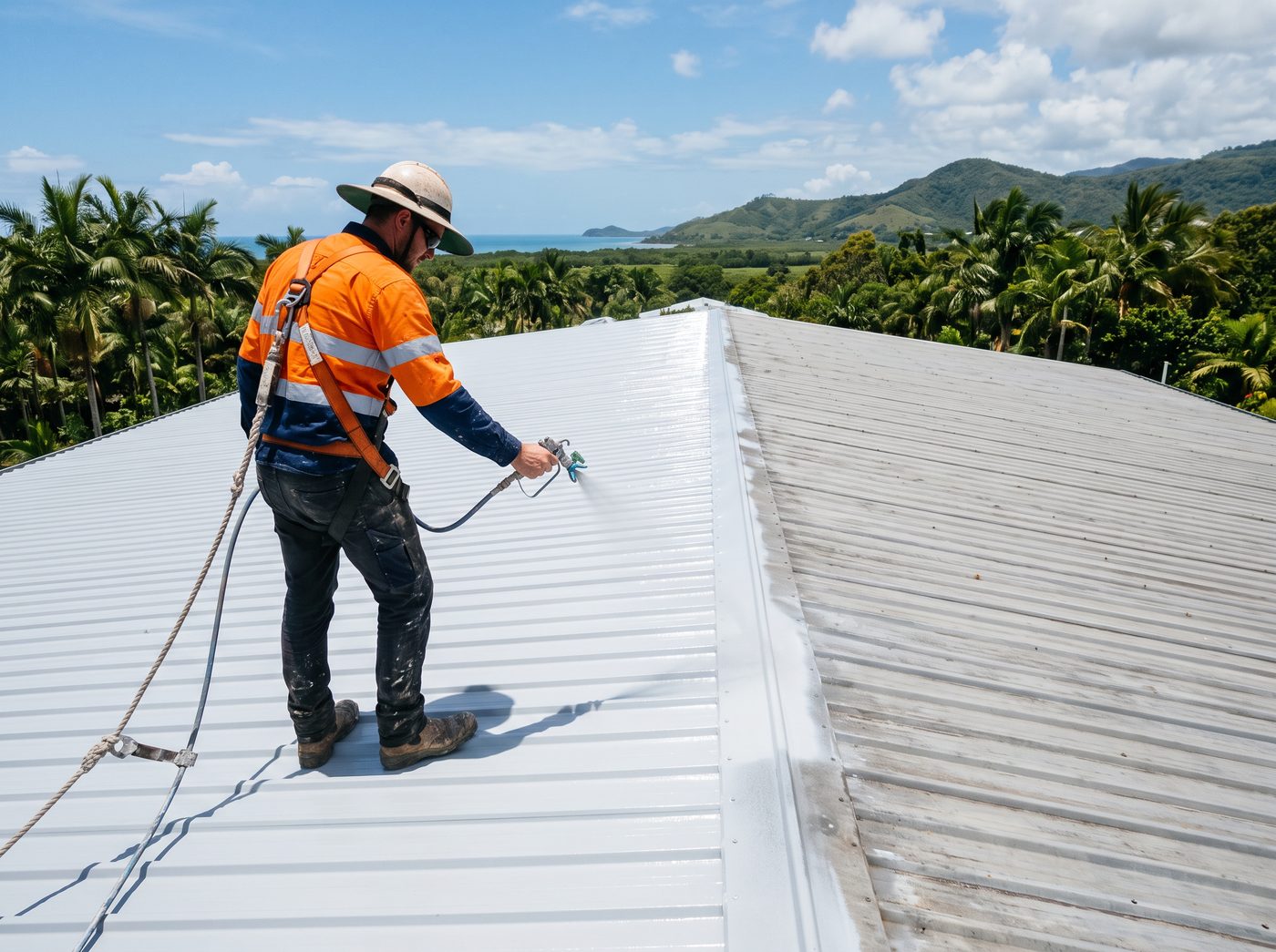 Spraying a heat-reflective white roof coating on a Far North Queensland roof
