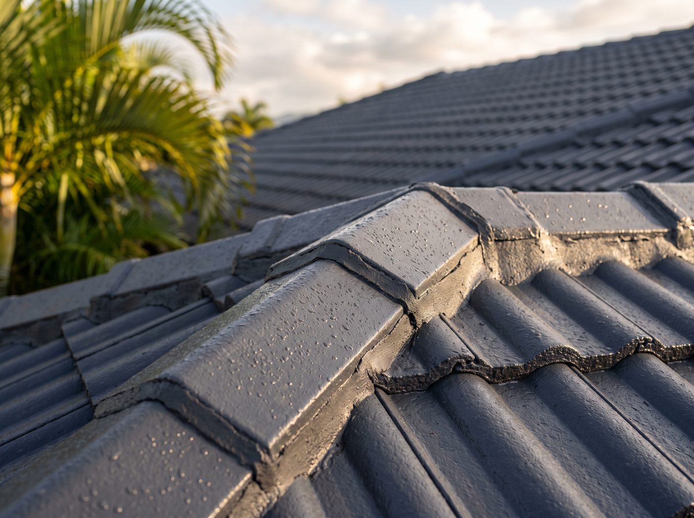 Freshly pointed charcoal ridge capping on a tile roof